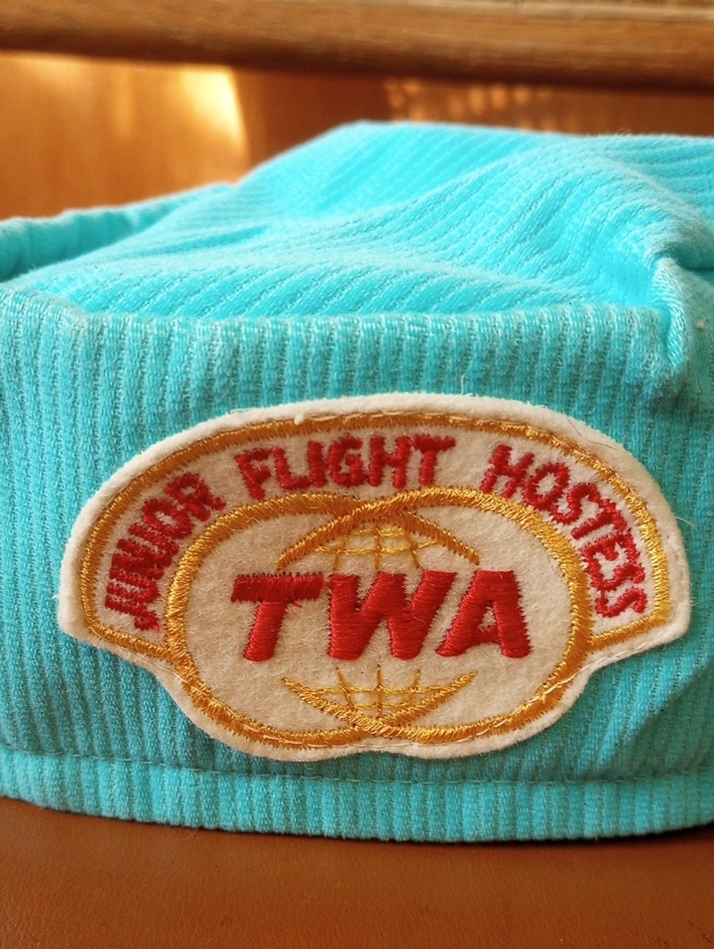 RARE Vintage Retro TWA Junior Flight Hostess Courderoy Hat. Aqua Red White Gold